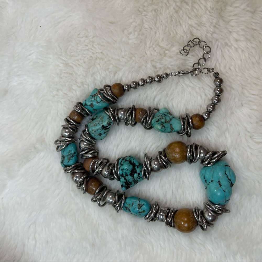 Vintage Turquoise & Silver Beaded Necklace | Boho Southwestern Statement